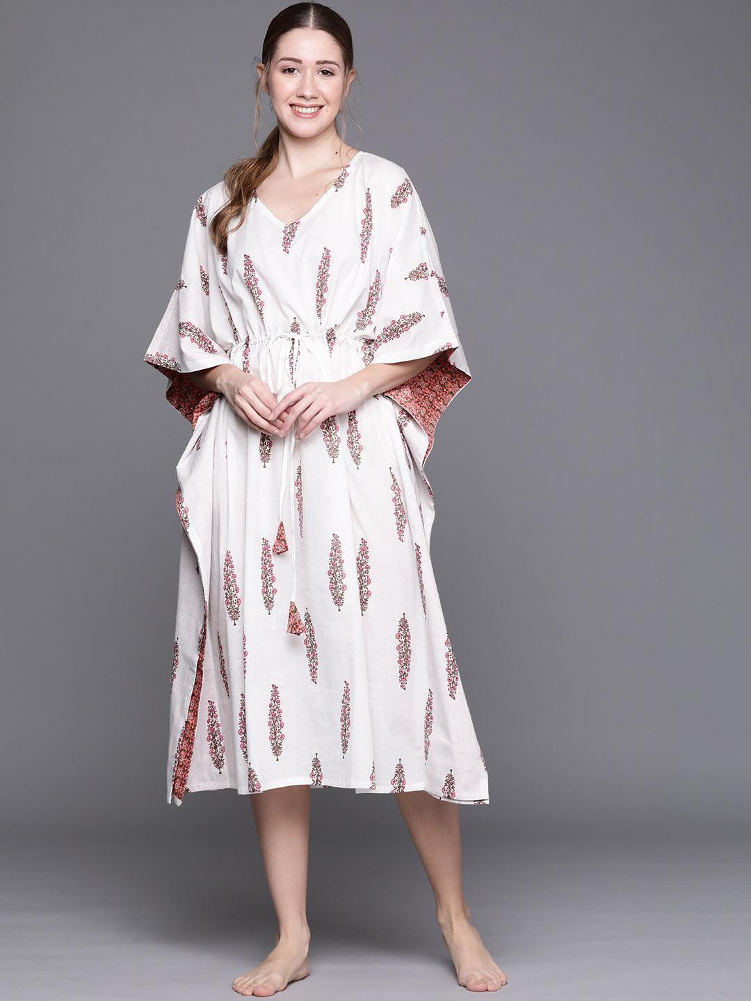 White Cotton Printed Kaftan Nightdress