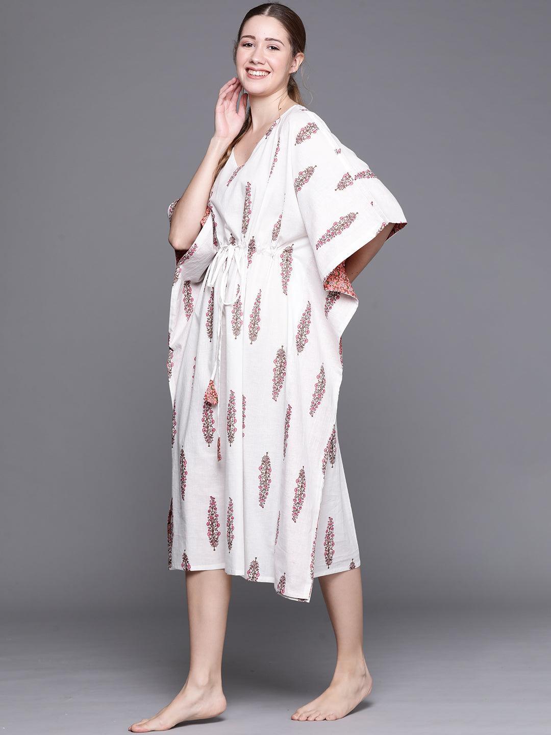 White Cotton Printed Kaftan Nightdress