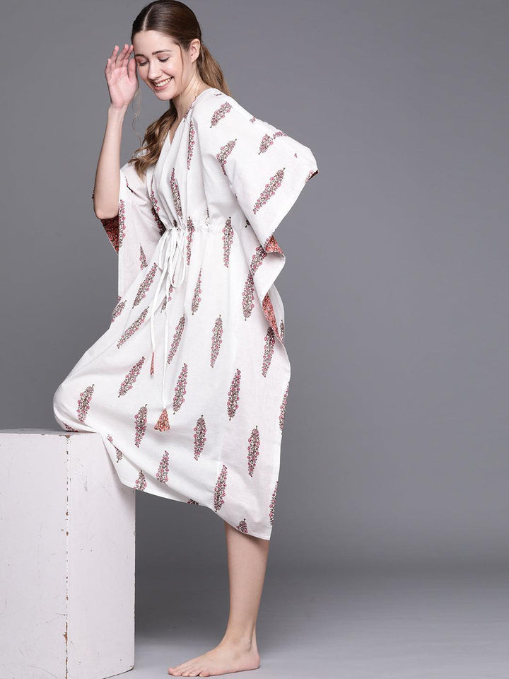 White Cotton Printed Kaftan Nightdress - ShopLibas