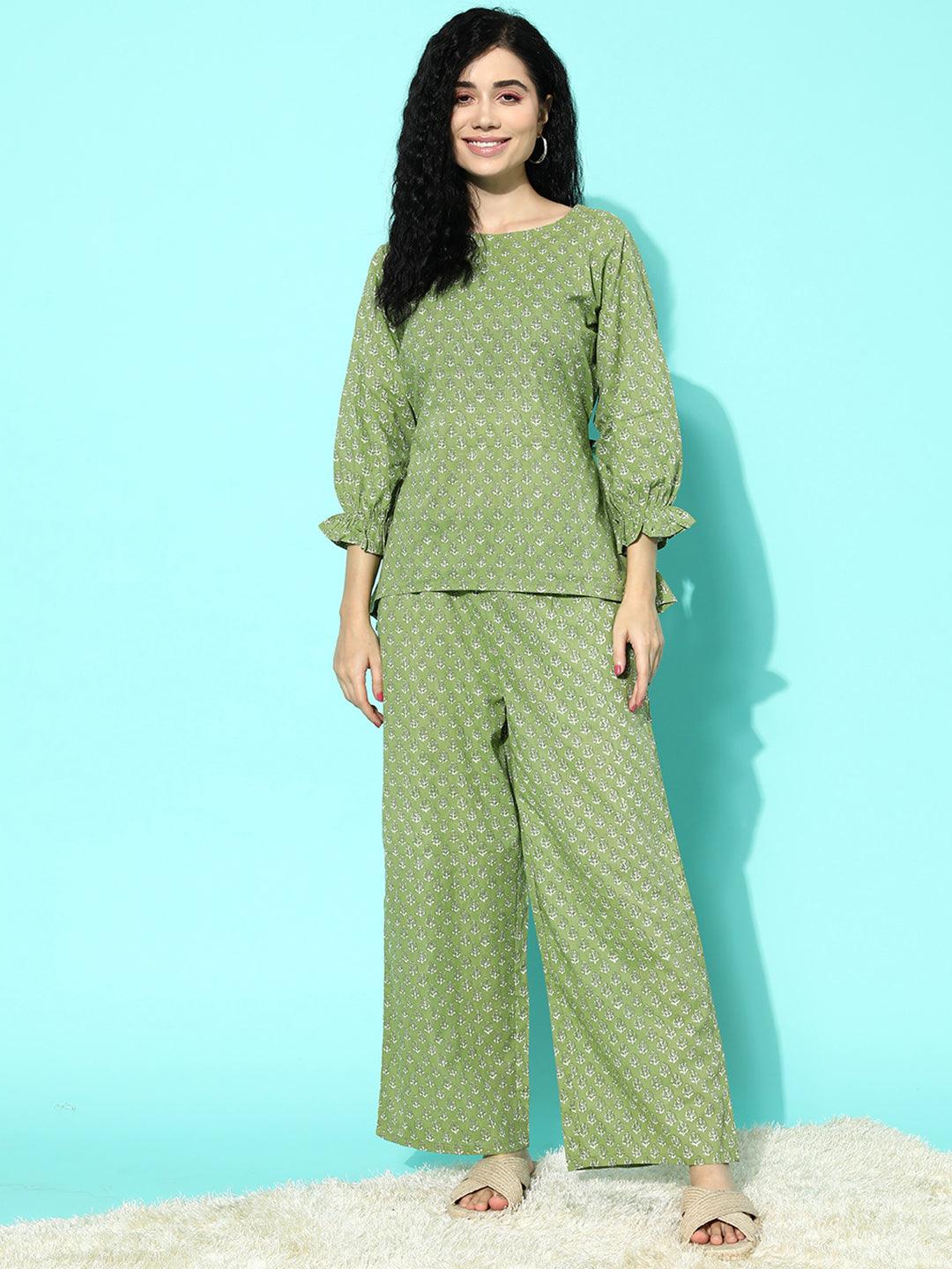 Green Printed Cotton Night Suit