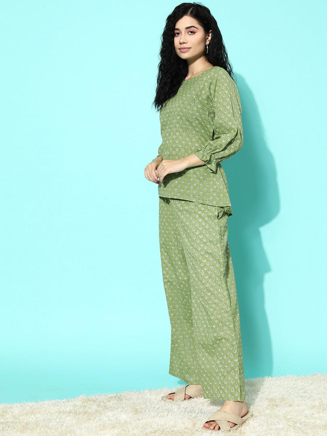 Green Printed Cotton Night Suit