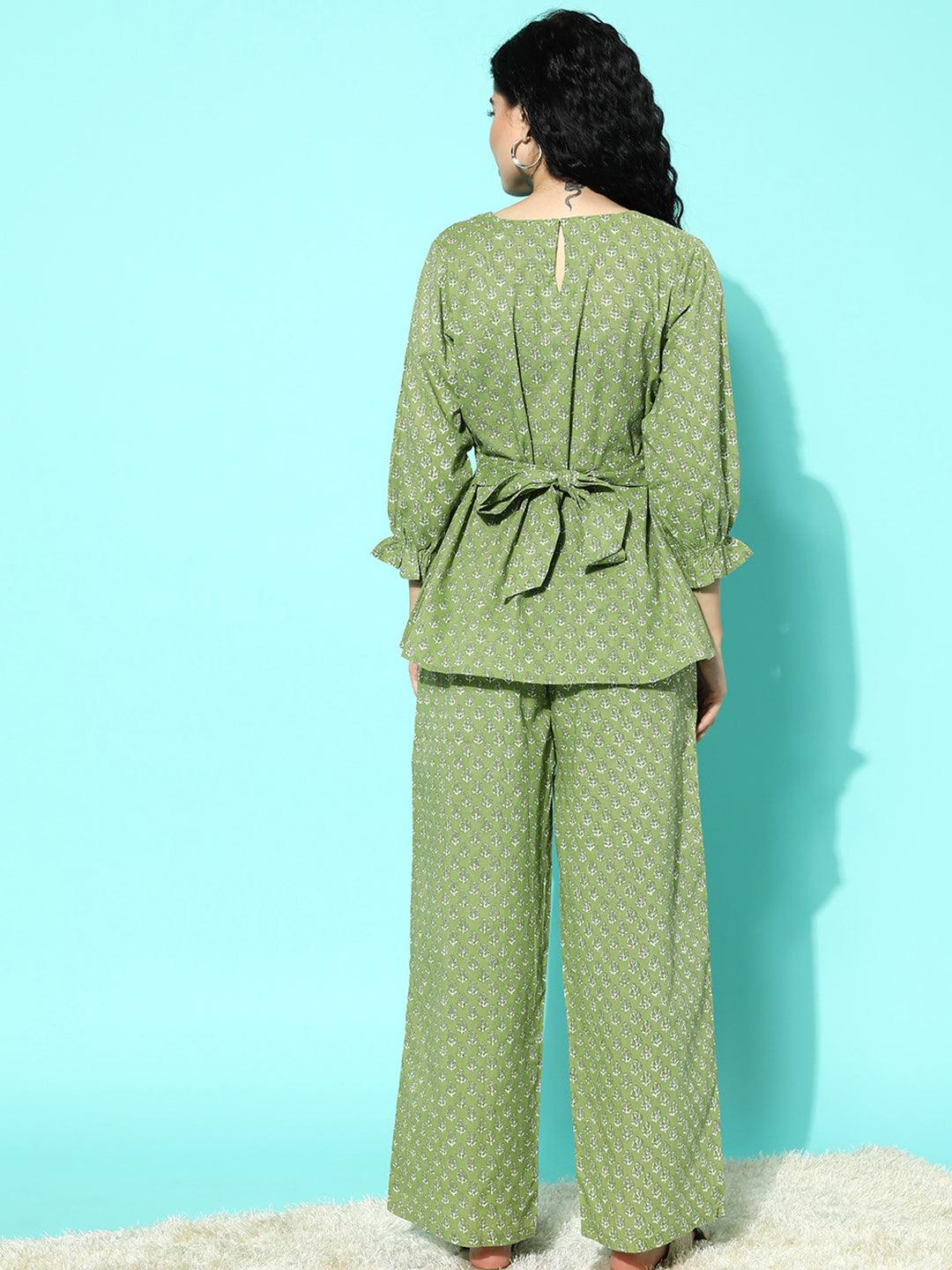 Green Printed Cotton Night Suit