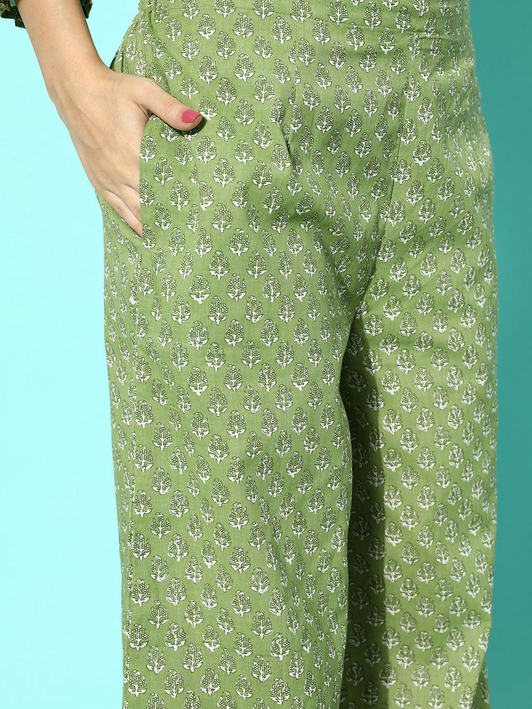 Green Printed Cotton Night Suit