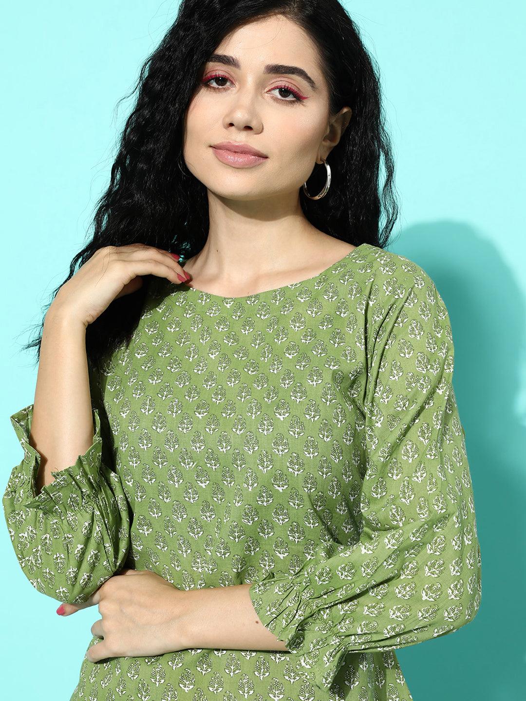 Green Printed Cotton Night Suit - ShopLibas