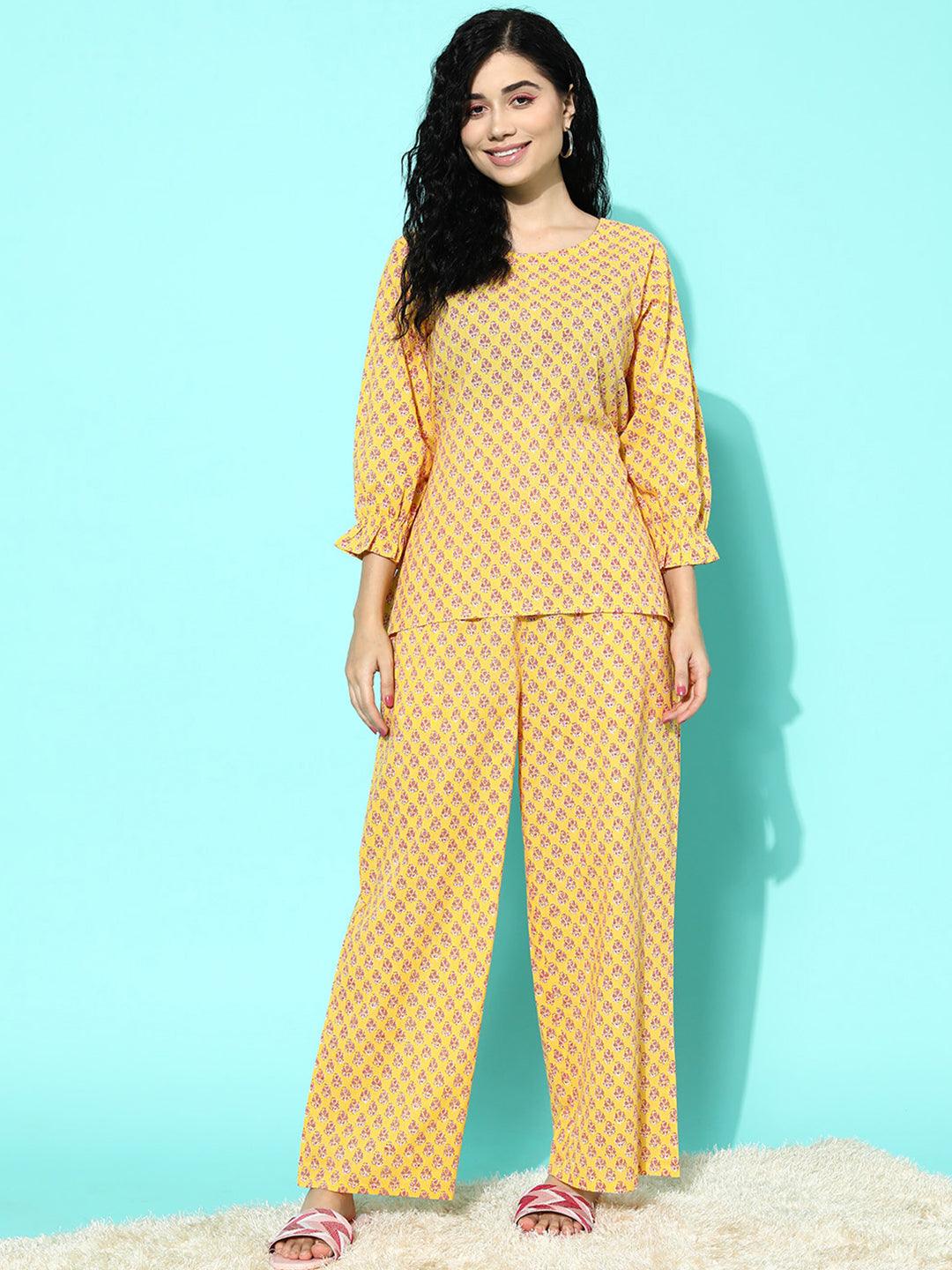 Yellow Printed Cotton Night Suit