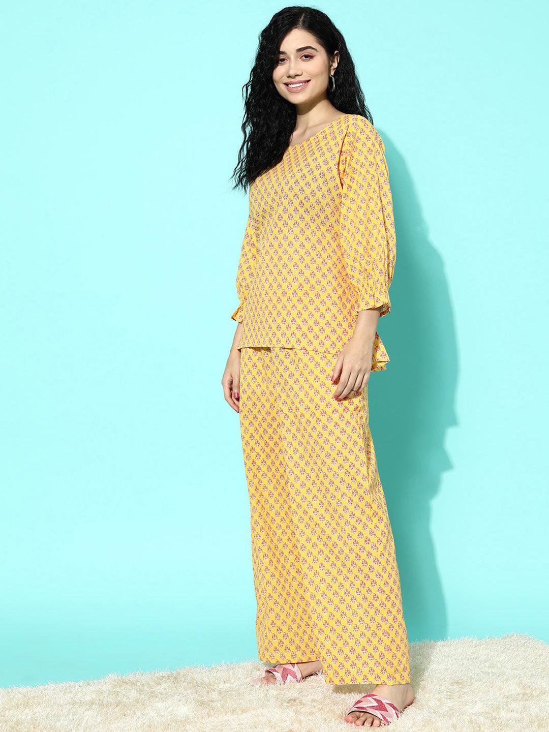 Yellow Printed Cotton Night Suit