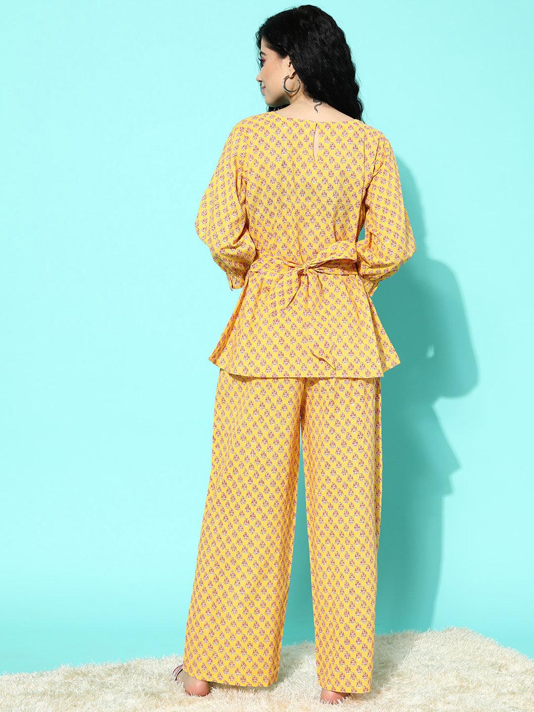 Yellow Printed Cotton Night Suit