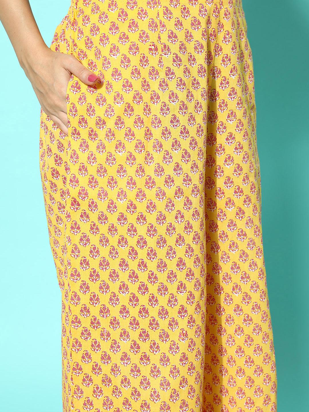 Yellow Printed Cotton Night Suit