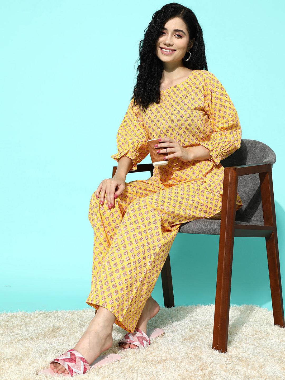 Yellow Printed Cotton Night Suit - ShopLibas