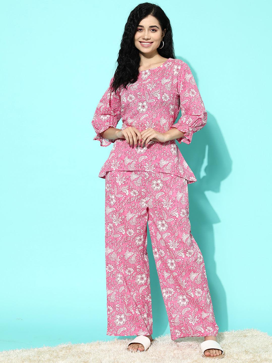 Pink Printed Cotton Night Suit