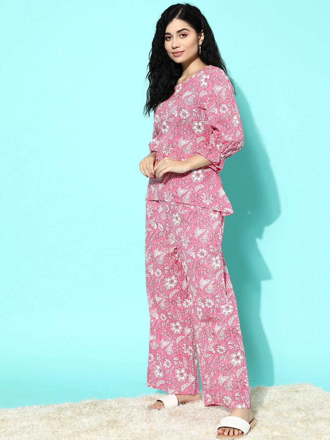 Pink Printed Cotton Night Suit