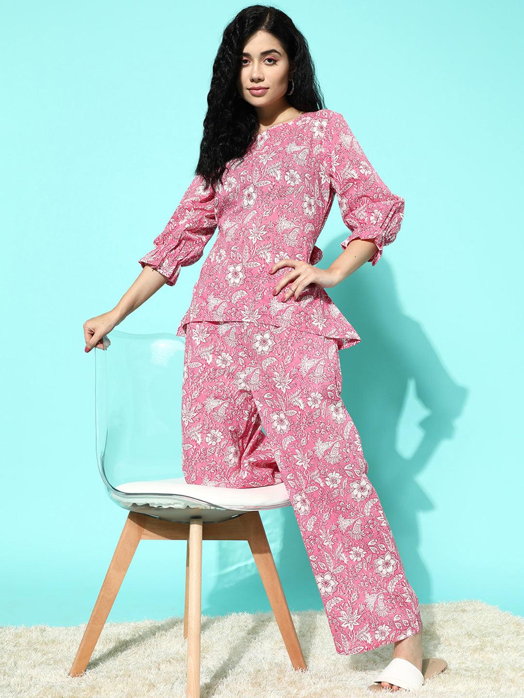 Pink Printed Cotton Night Suit - ShopLibas