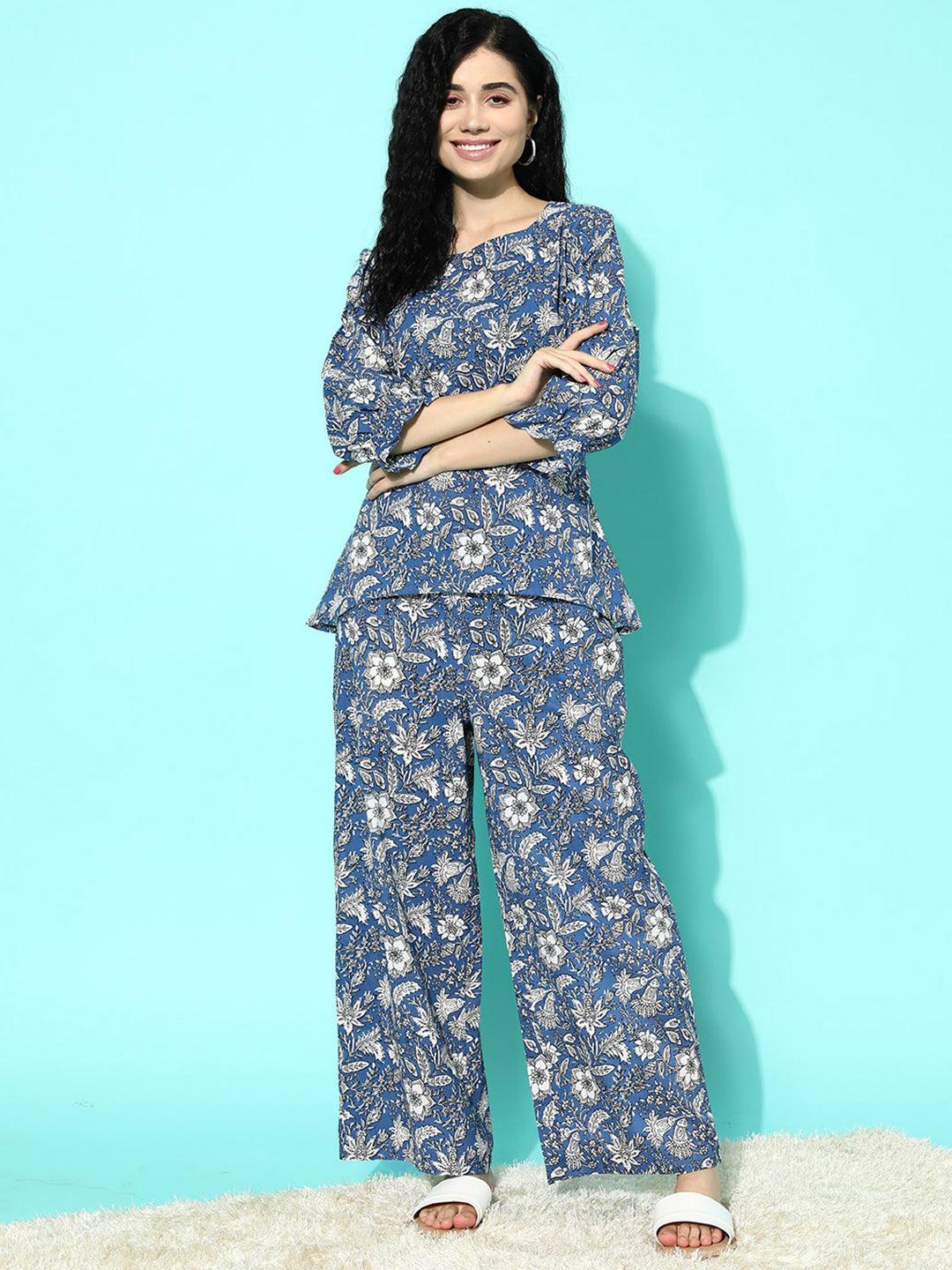 Blue Printed Cotton Night Suit