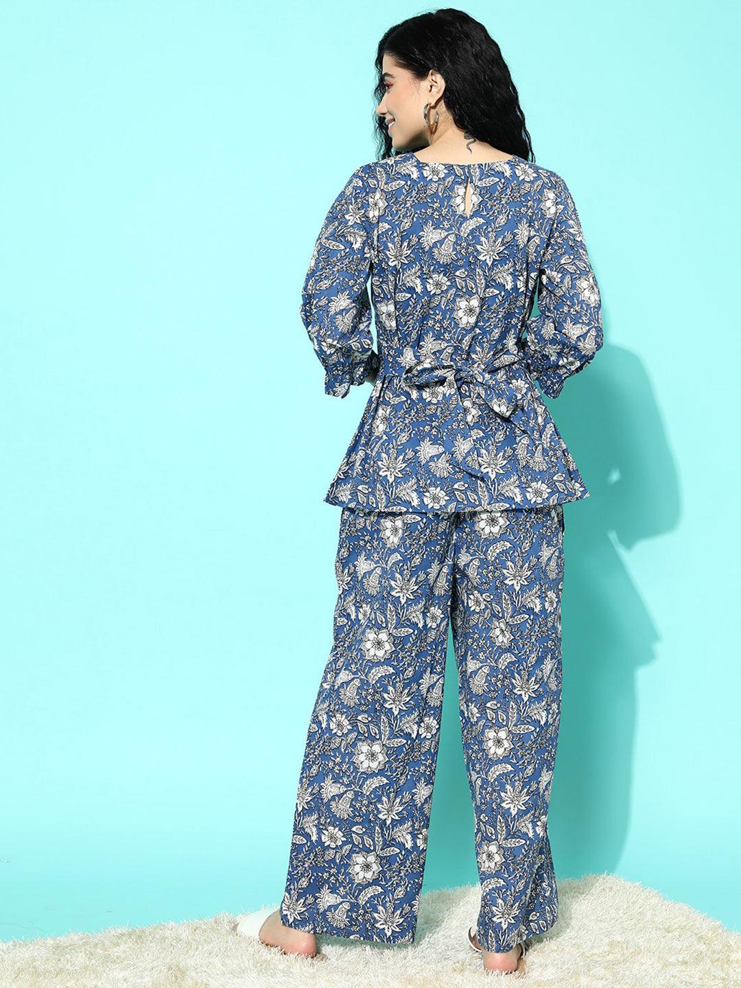 Blue Printed Cotton Night Suit