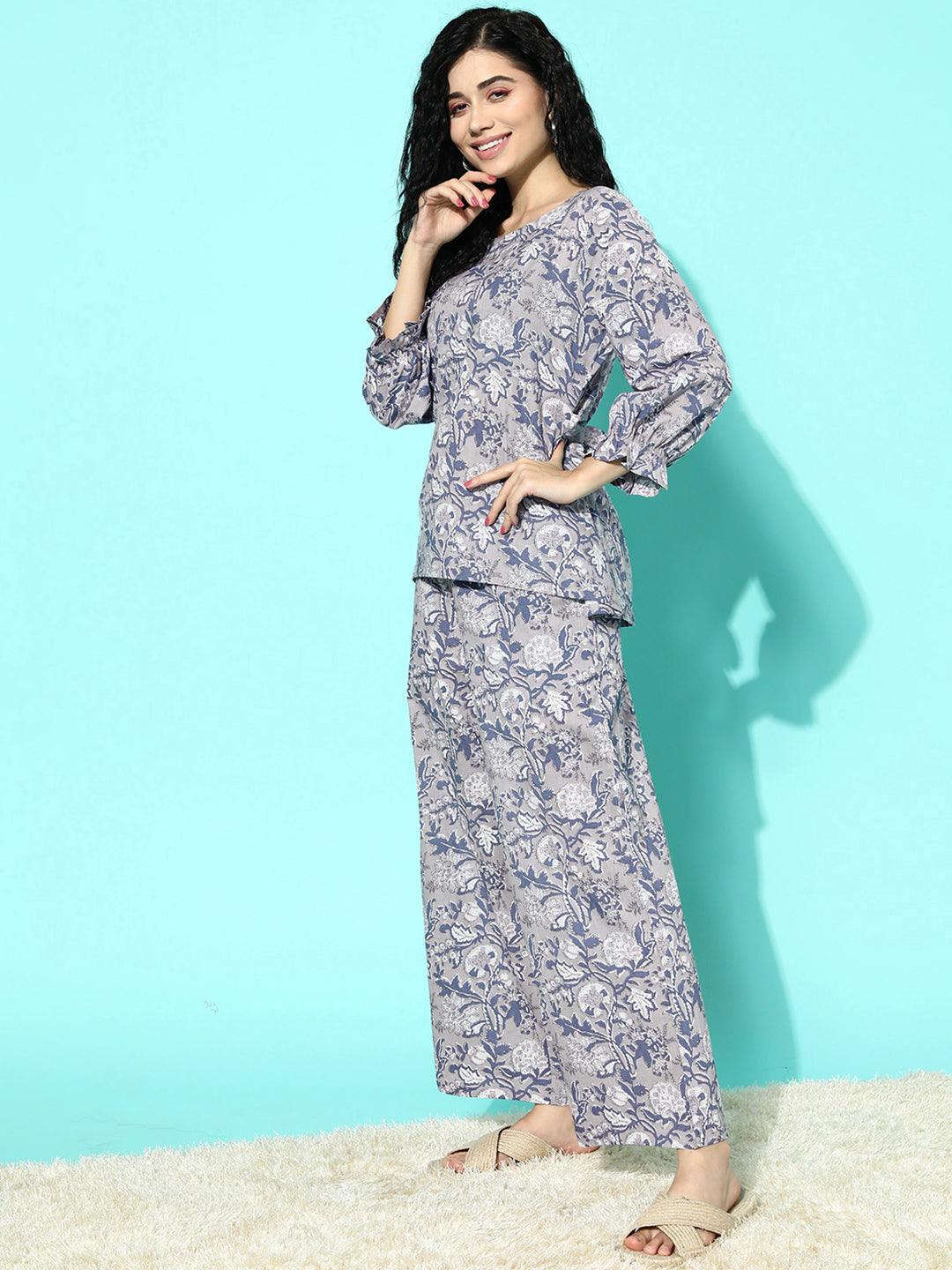 Grey Printed Cotton Night Suit - ShopLibas