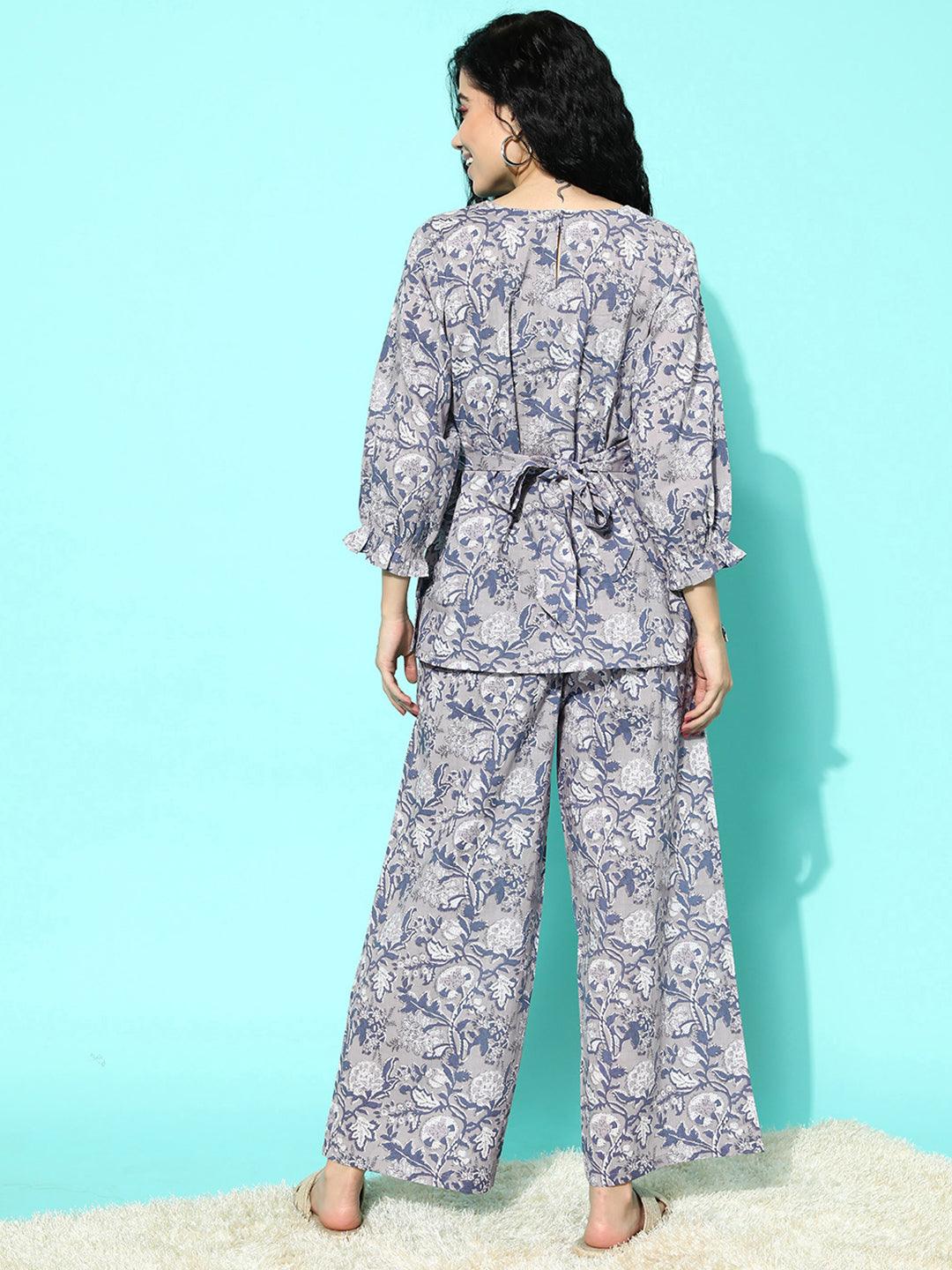 Grey Printed Cotton Night Suit - ShopLibas