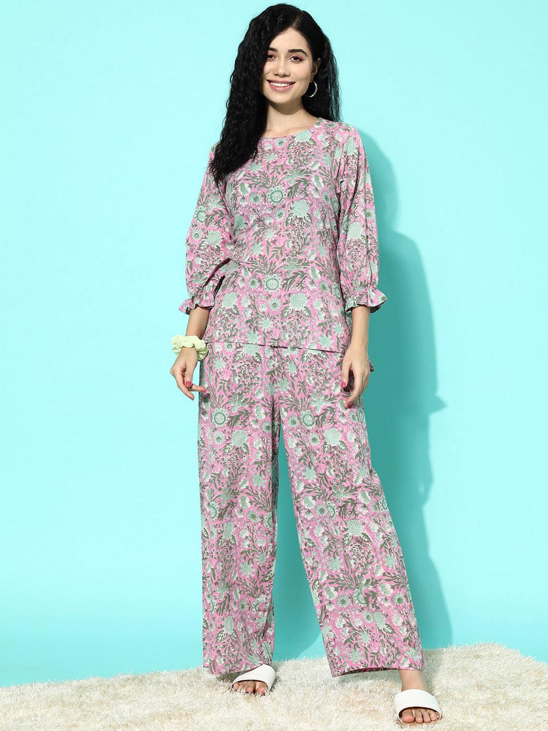 Pink Printed Cotton Night Suit - ShopLibas