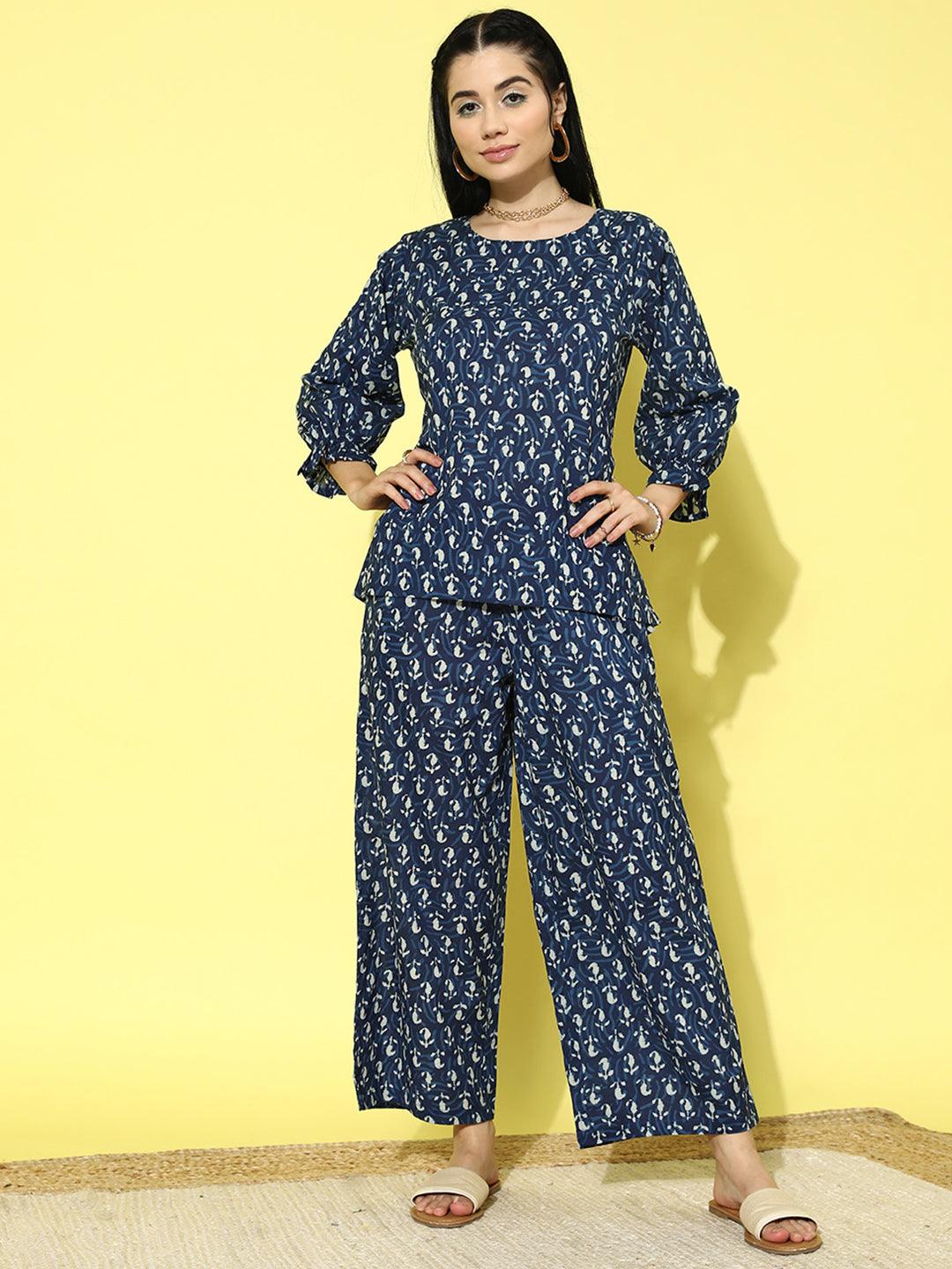 Blue Printed Cotton Night Suit