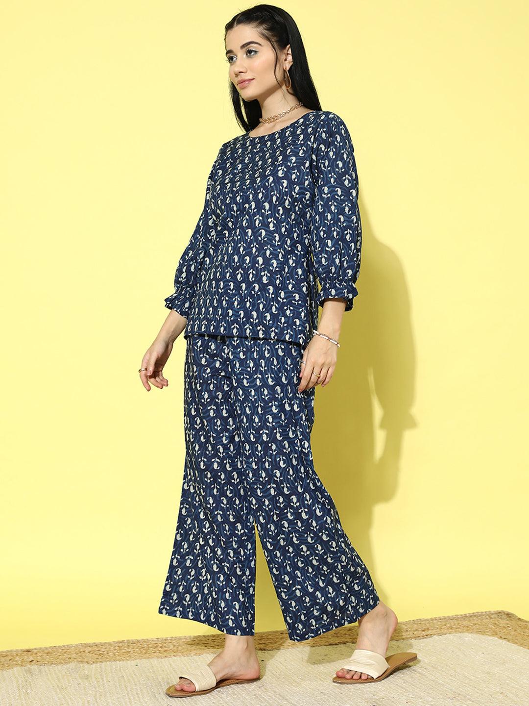 Blue Printed Cotton Night Suit