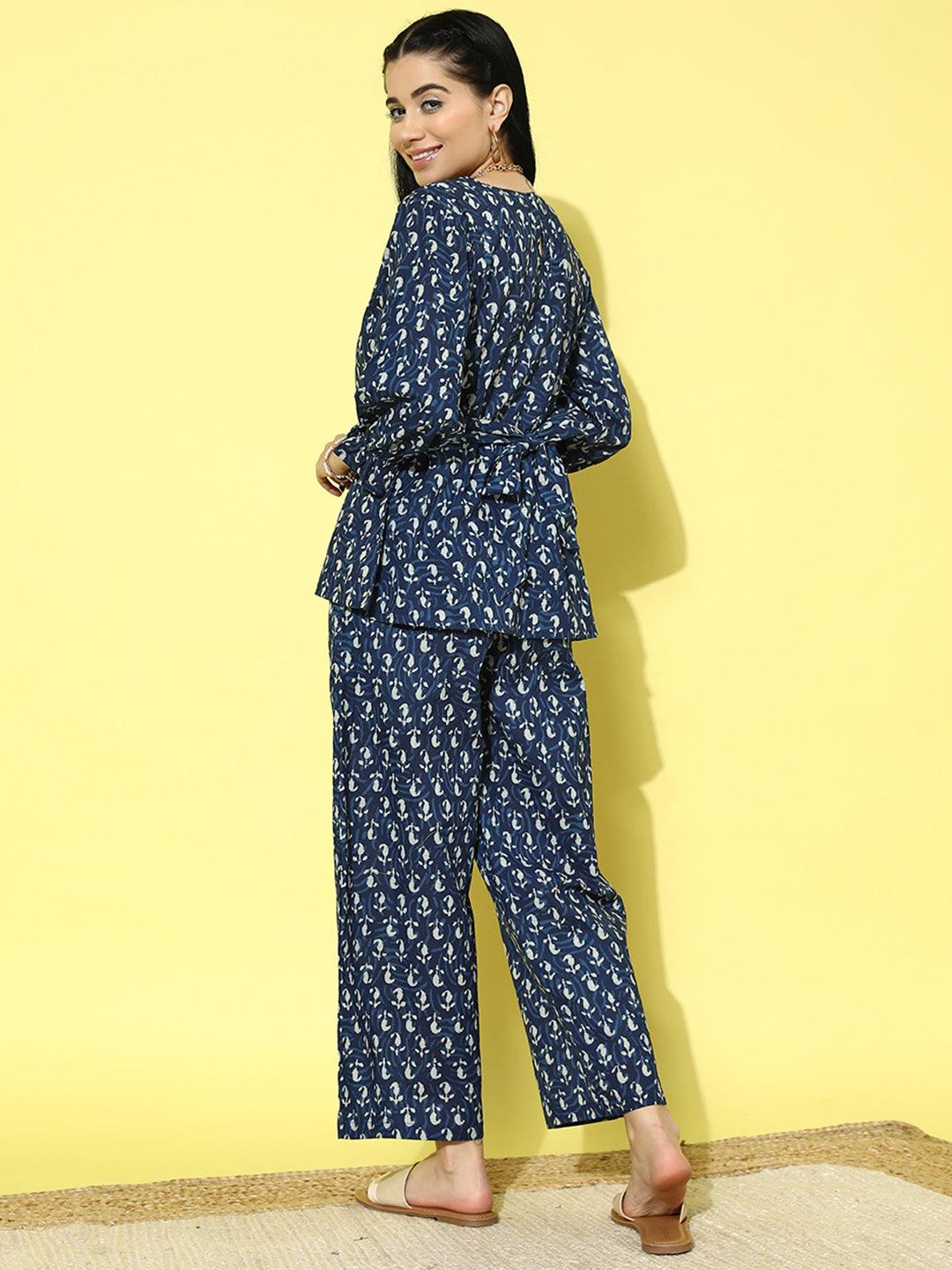 Blue Printed Cotton Night Suit