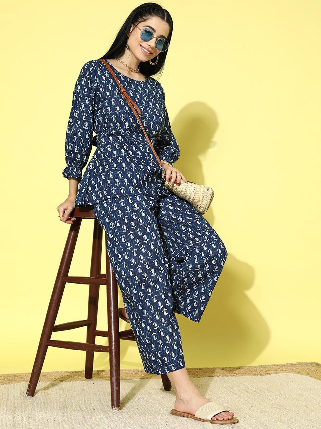 Blue Printed Cotton Night Suit