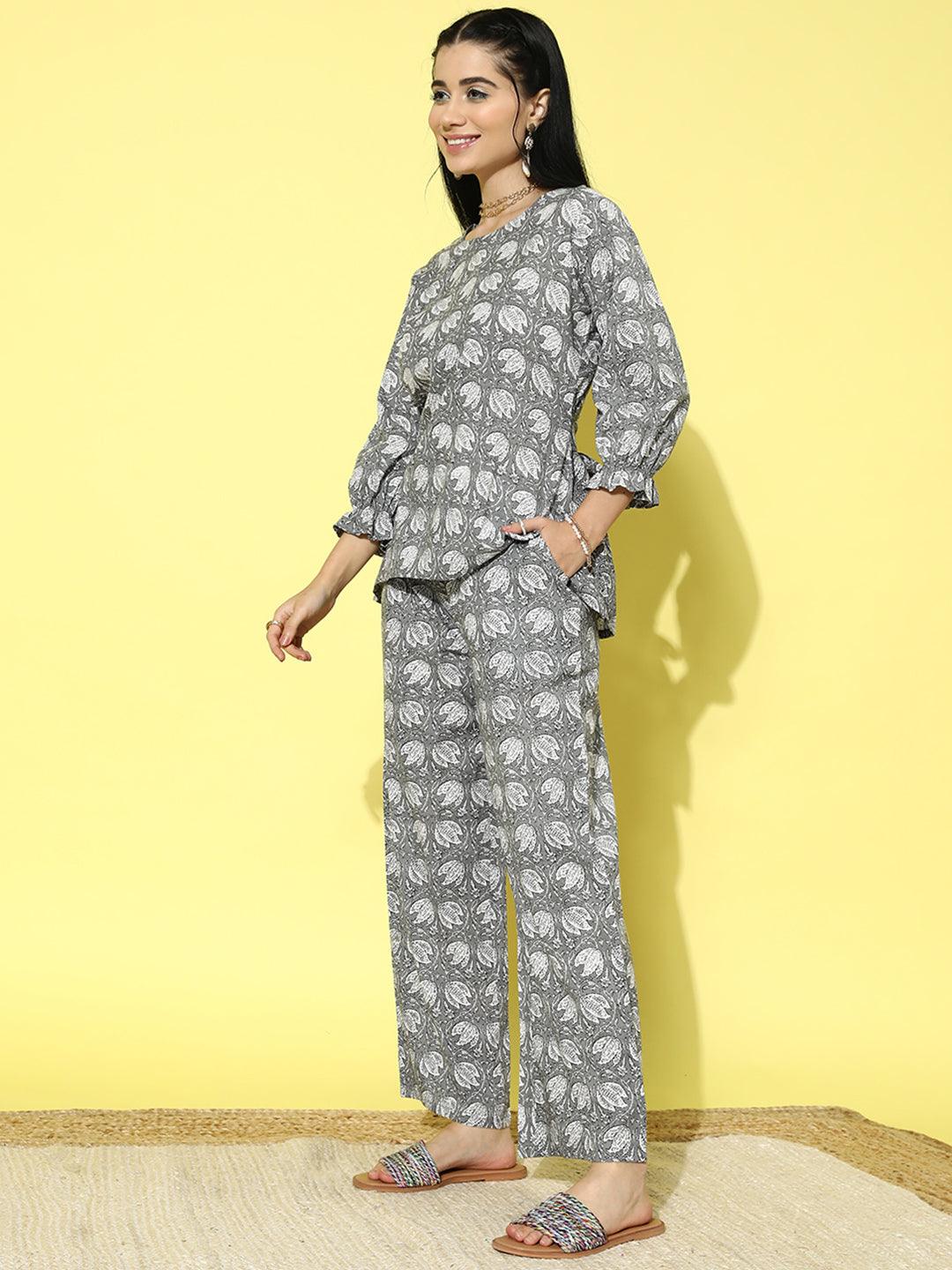 Grey Printed Cotton Night Suit - ShopLibas