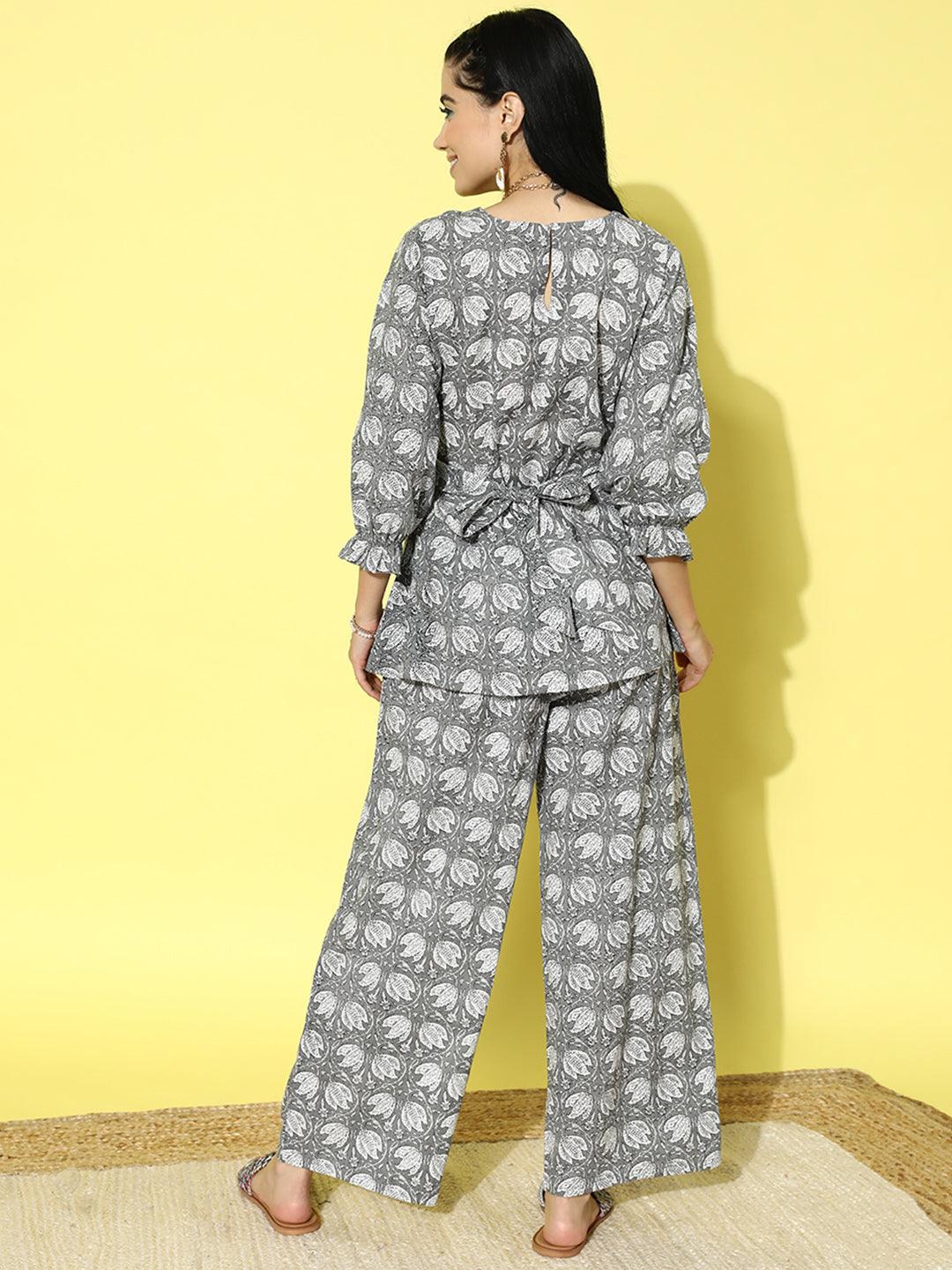 Grey Printed Cotton Night Suit