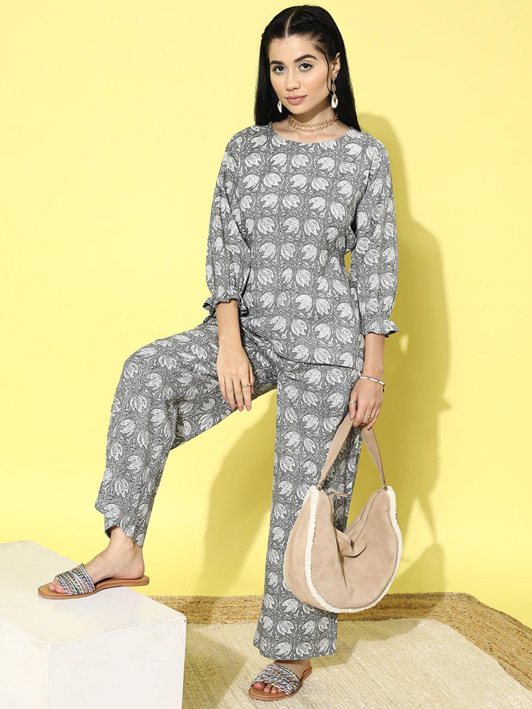 Grey Printed Cotton Night Suit