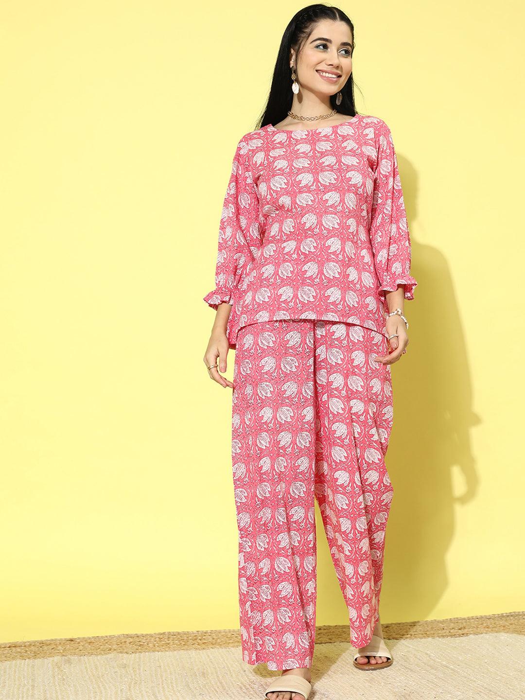 Pink Printed Cotton Night Suit - ShopLibas