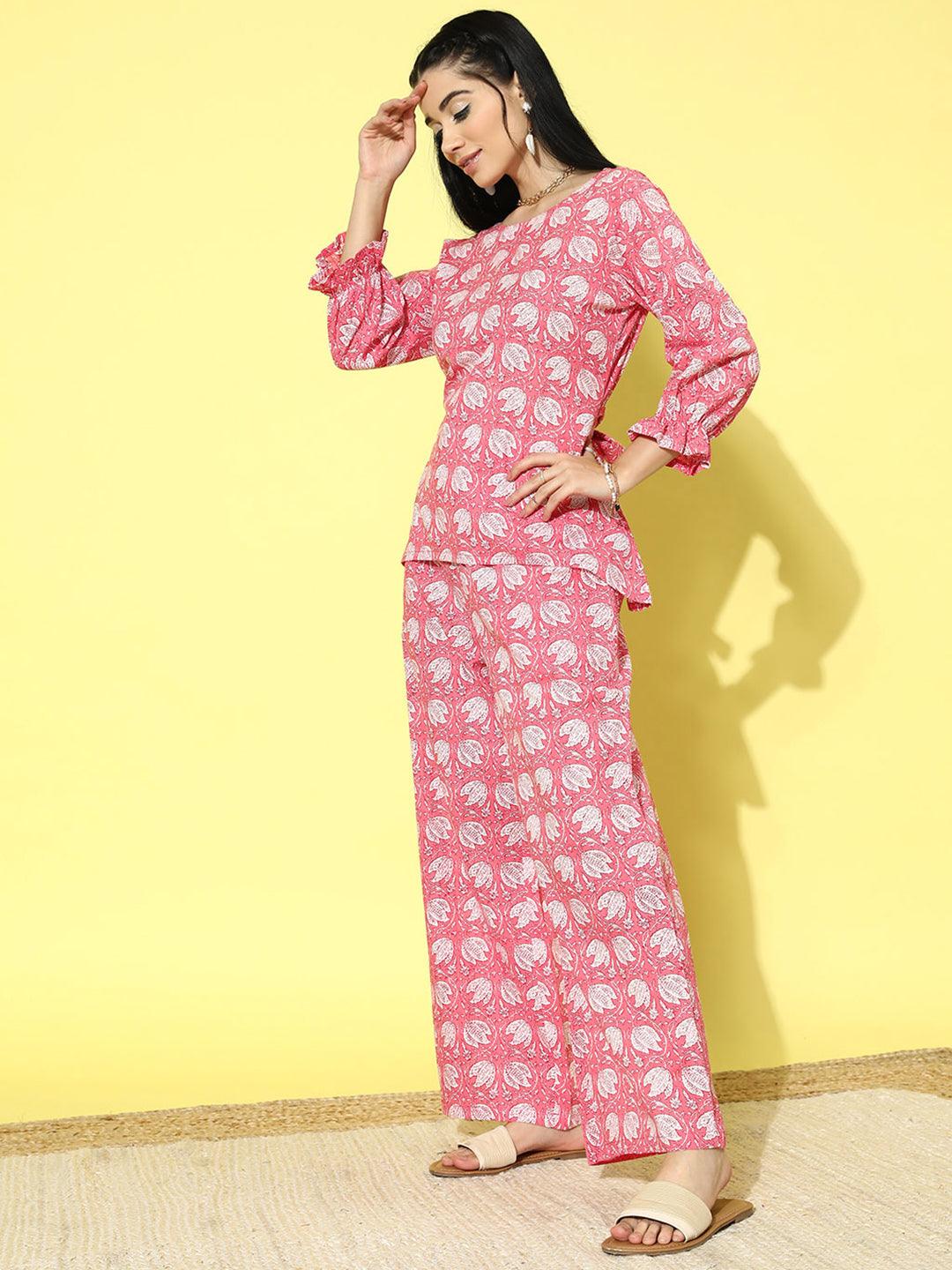 Pink Printed Cotton Night Suit - ShopLibas