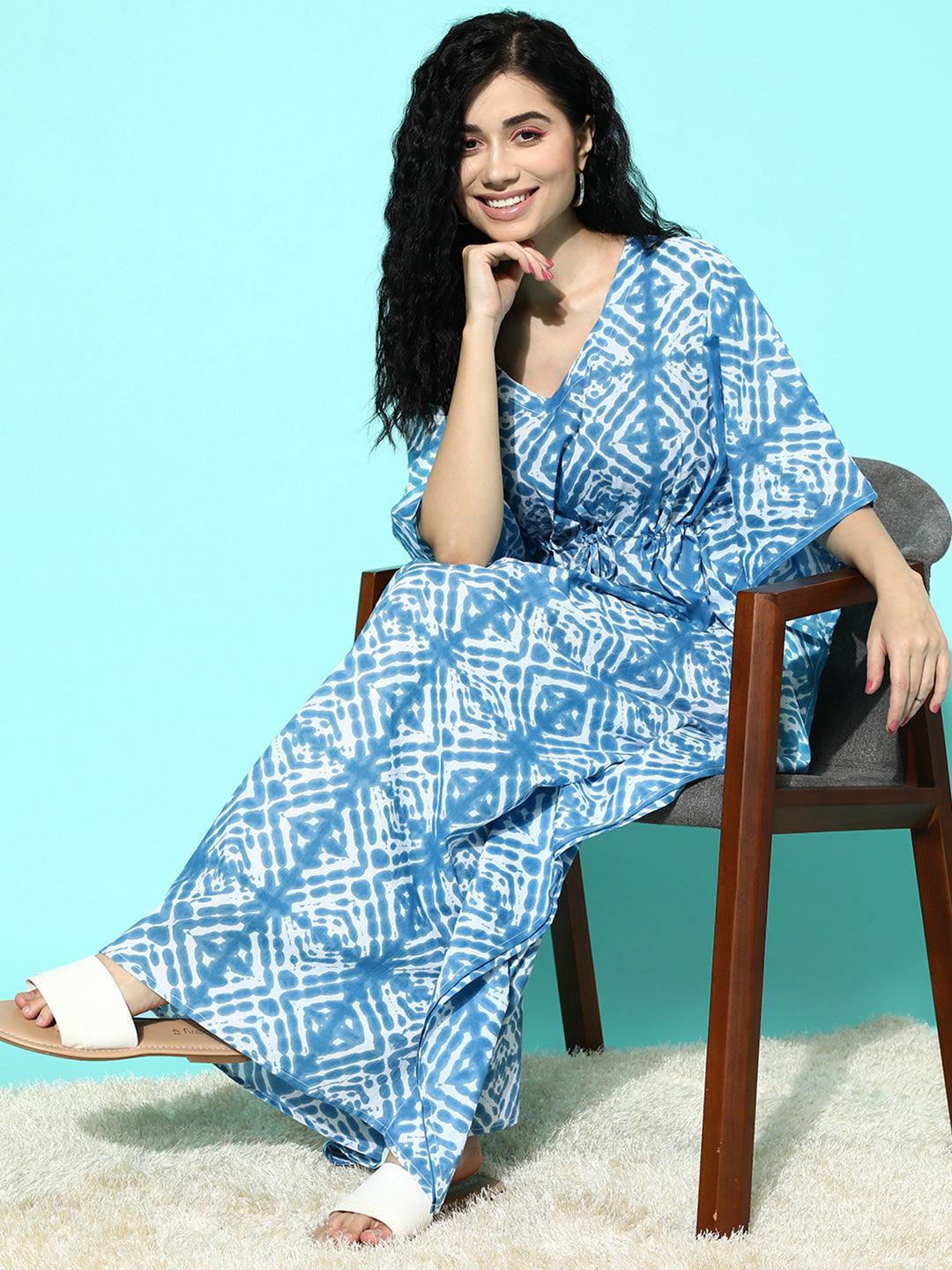 Blue Printed Cotton Nightdress - ShopLibas