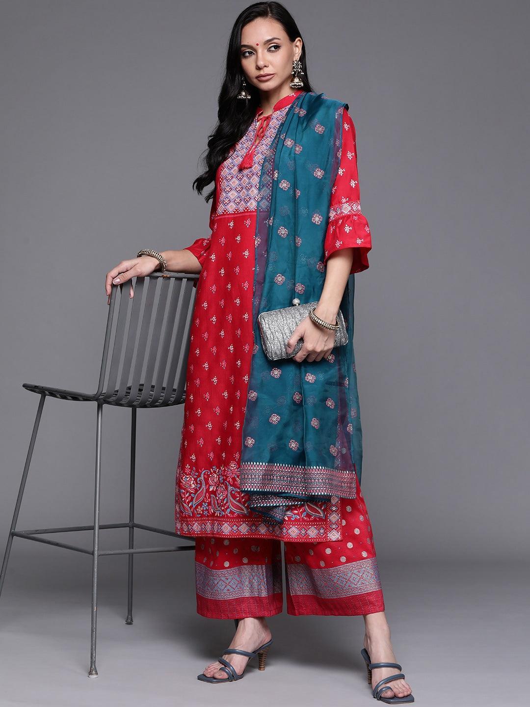 Pink Printed Silk Blend Suit Set - ShopLibas