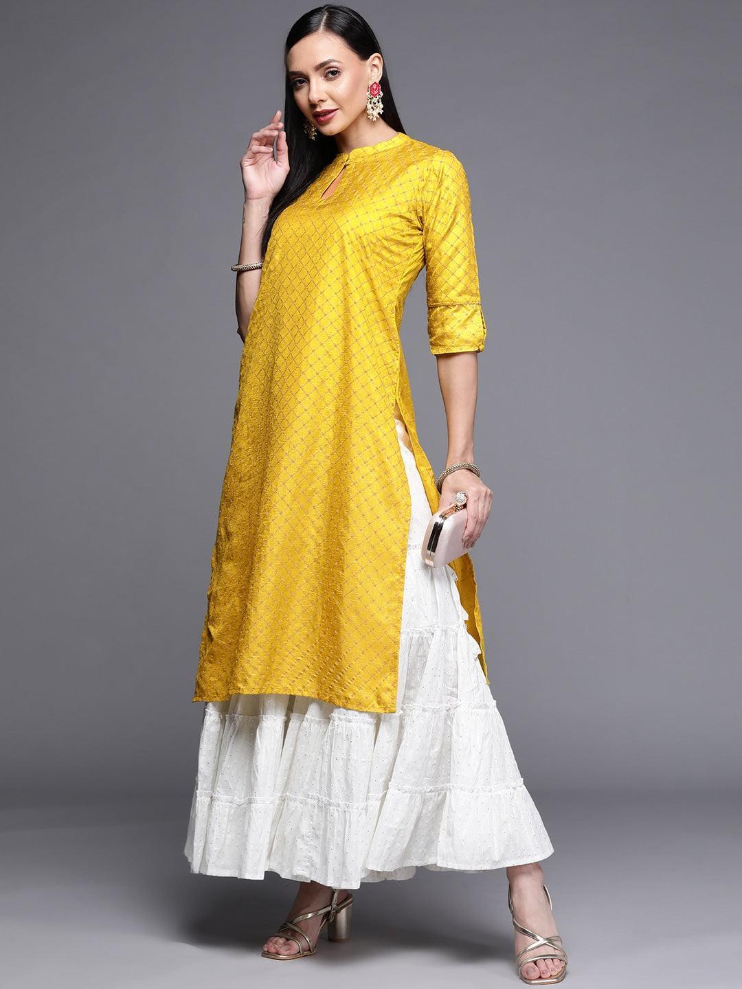 Yellow Printed Chanderi Silk Kurta - ShopLibas