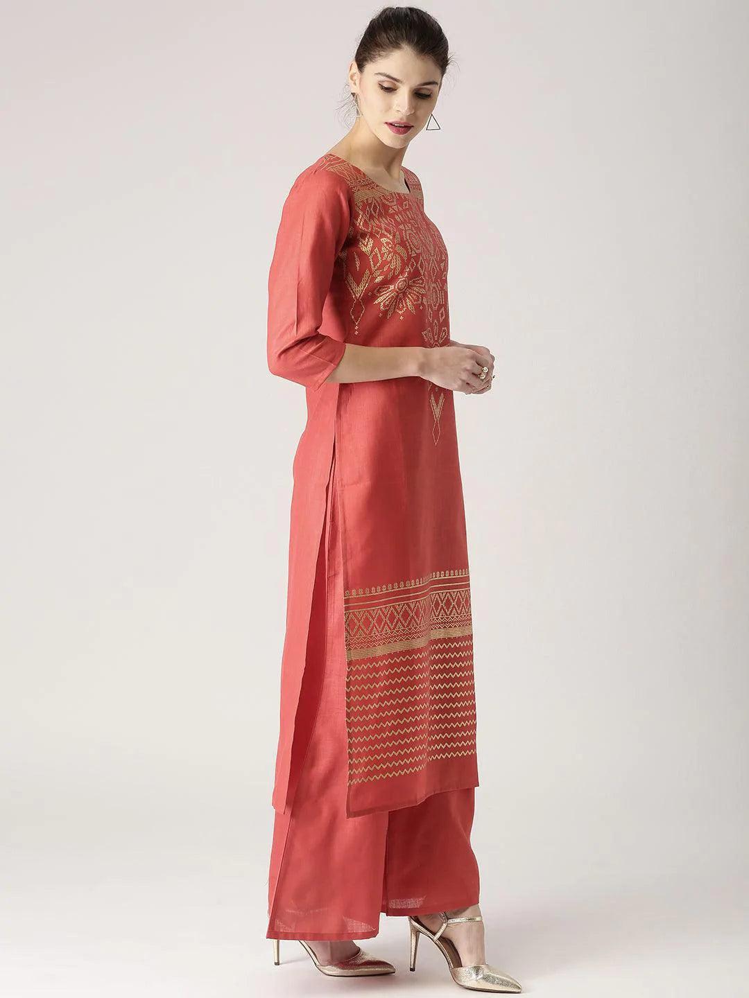 Red Printed Cotton Kurta Set