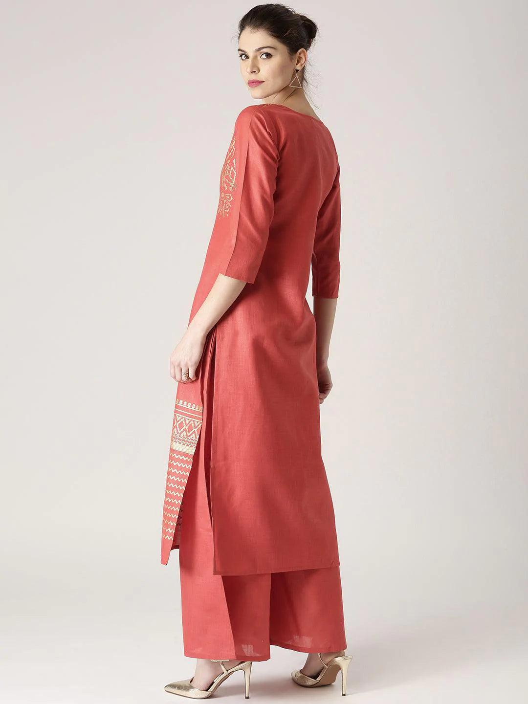 Red Printed Cotton Kurta Set