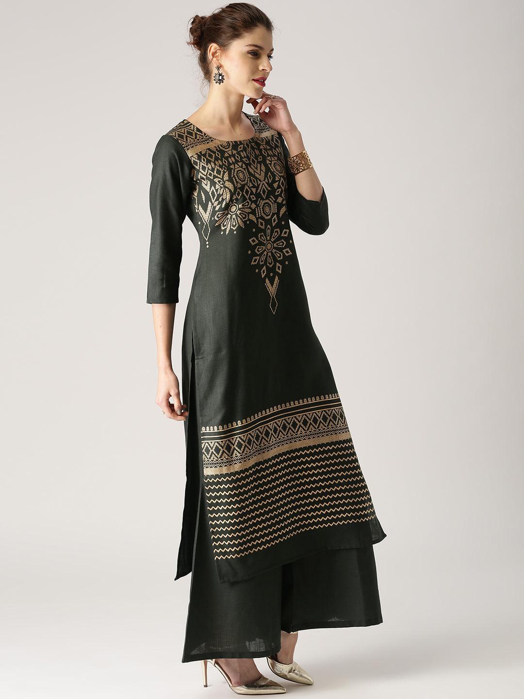 Green Printed Cotton Kurta Set