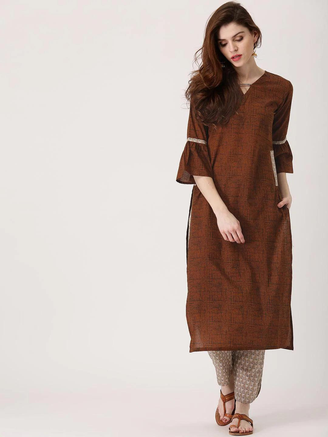 Brown Printed Cotton Kurta Set