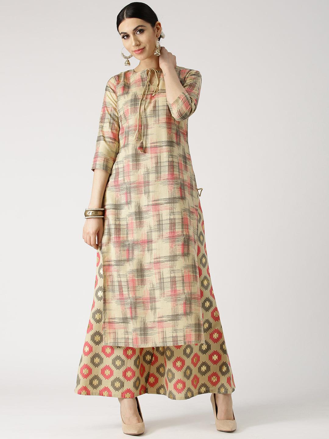 Beige Printed Cotton Kurta Set