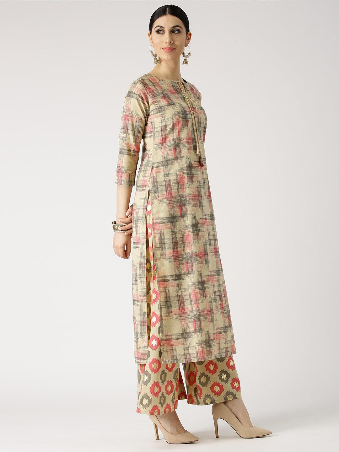 Beige Printed Cotton Kurta Set