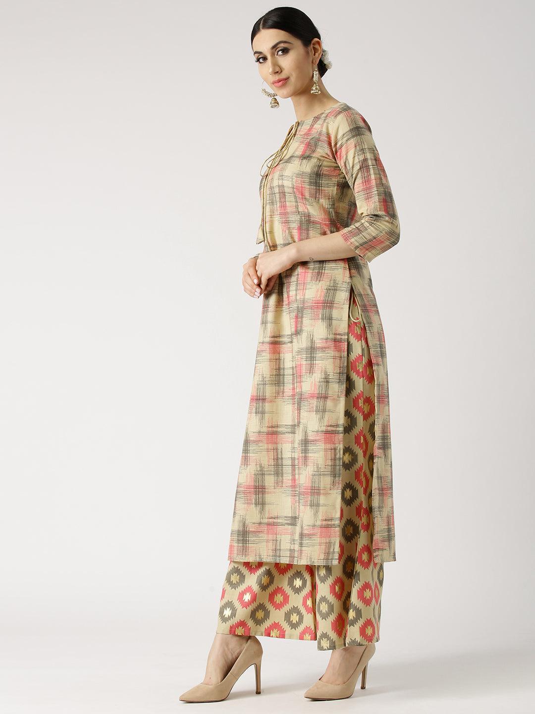 Beige Printed Cotton Kurta Set