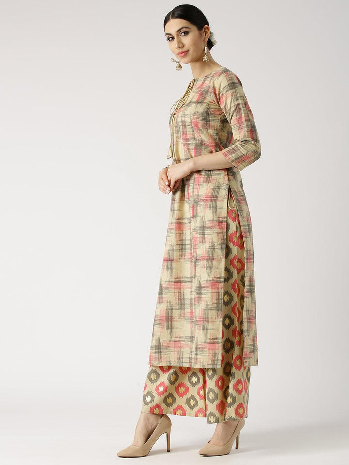 Beige Printed Cotton Kurta Set - ShopLibas