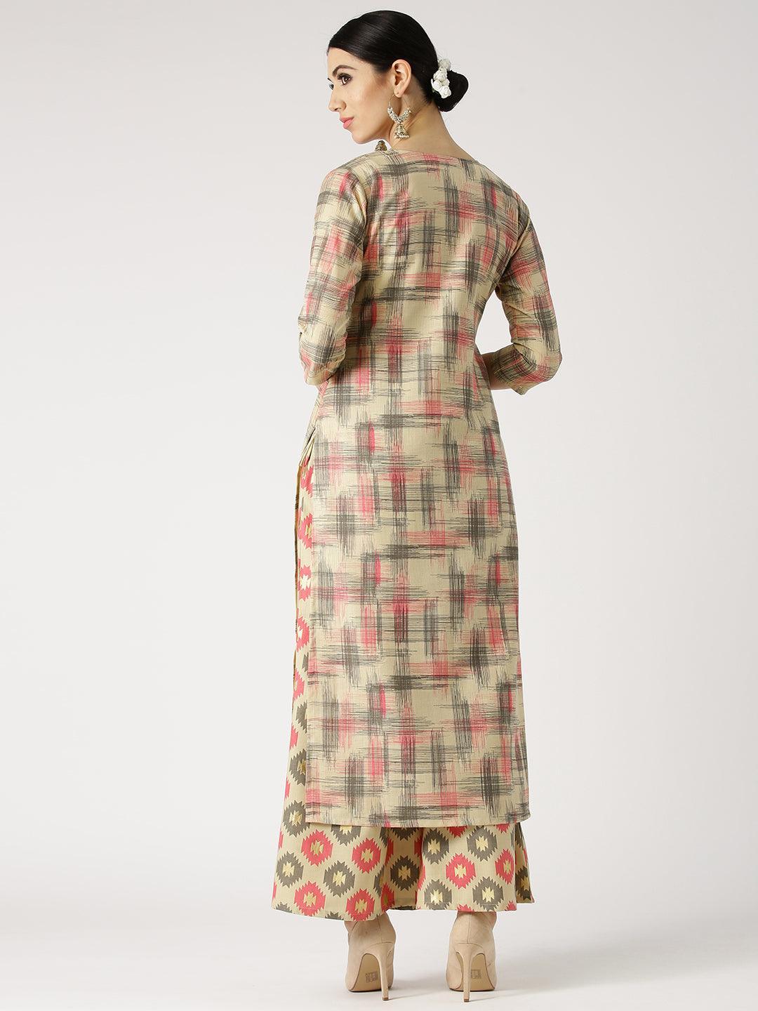 Beige Printed Cotton Kurta Set