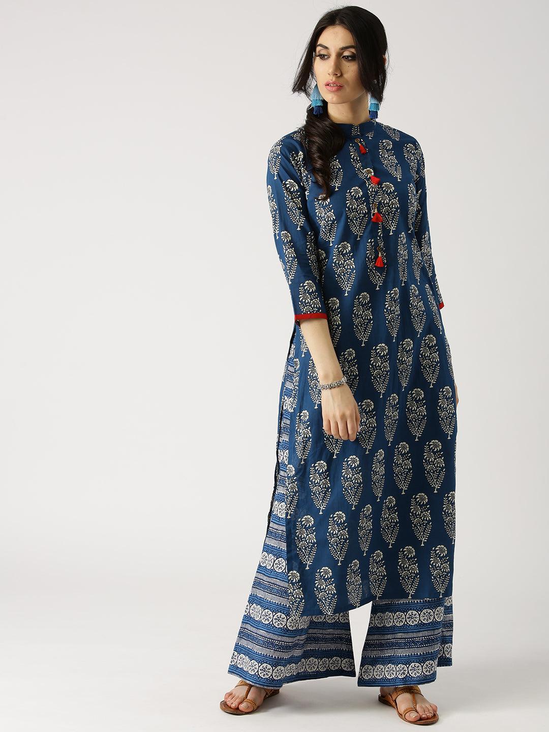 Blue Printed Cotton Kurta Set - ShopLibas