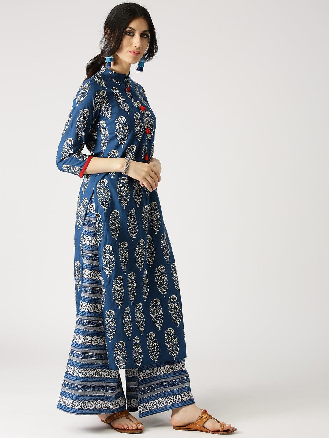 Blue Printed Cotton Kurta Set - ShopLibas