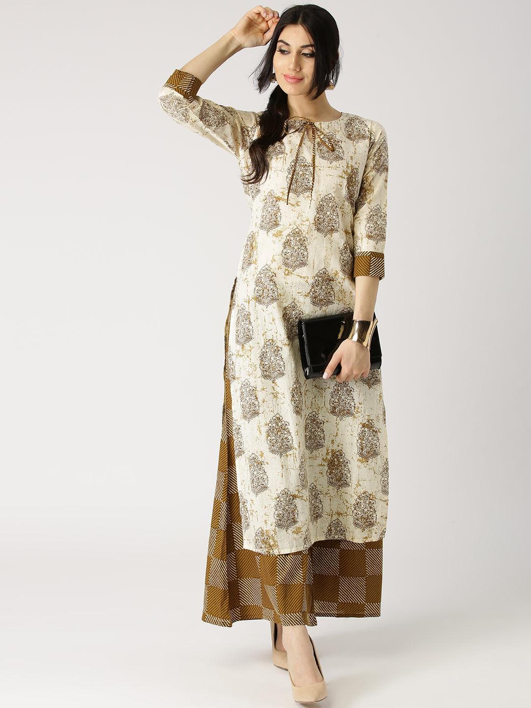 Beige Printed Cotton Kurta Set