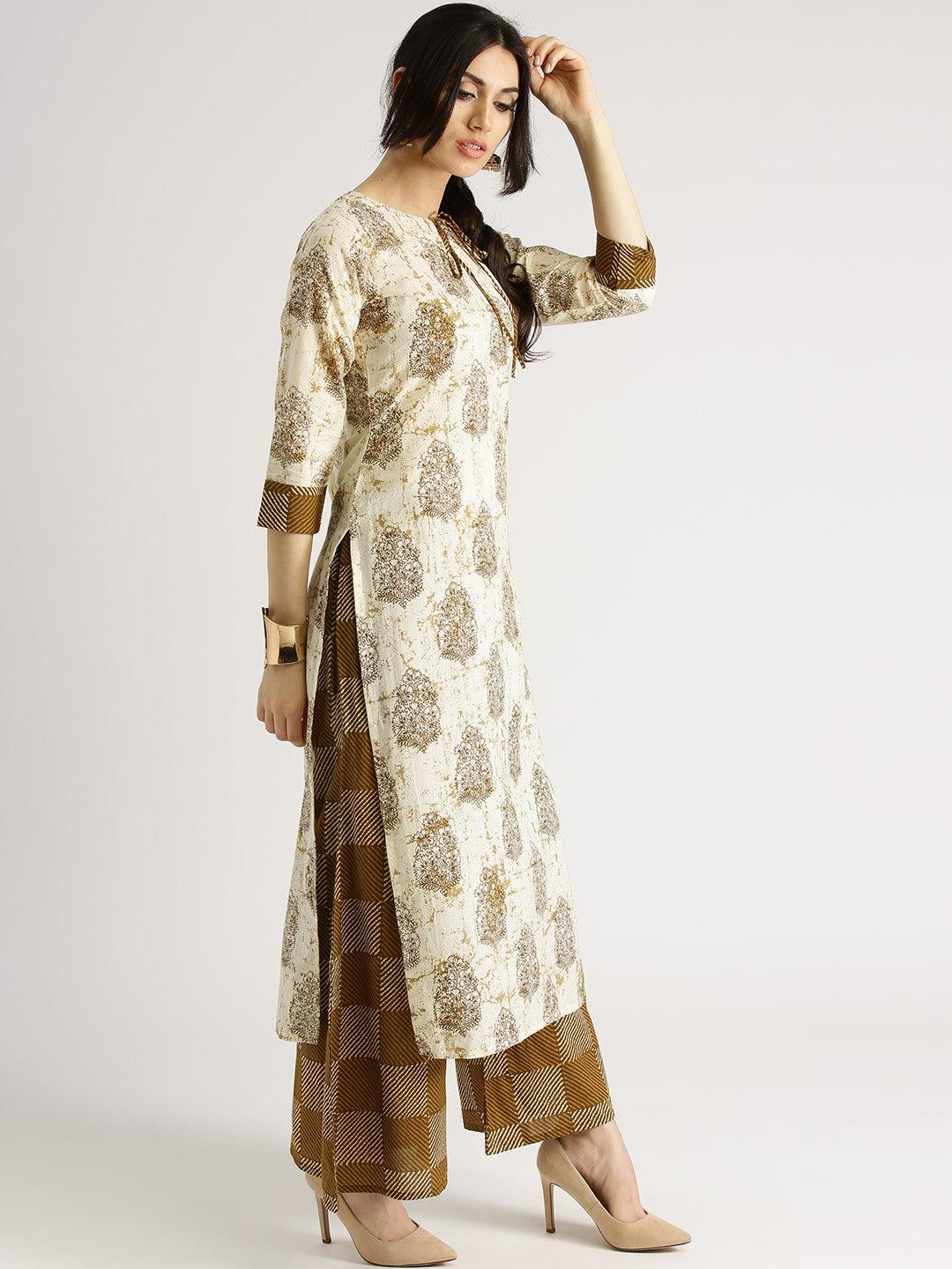 Beige Printed Cotton Kurta Set