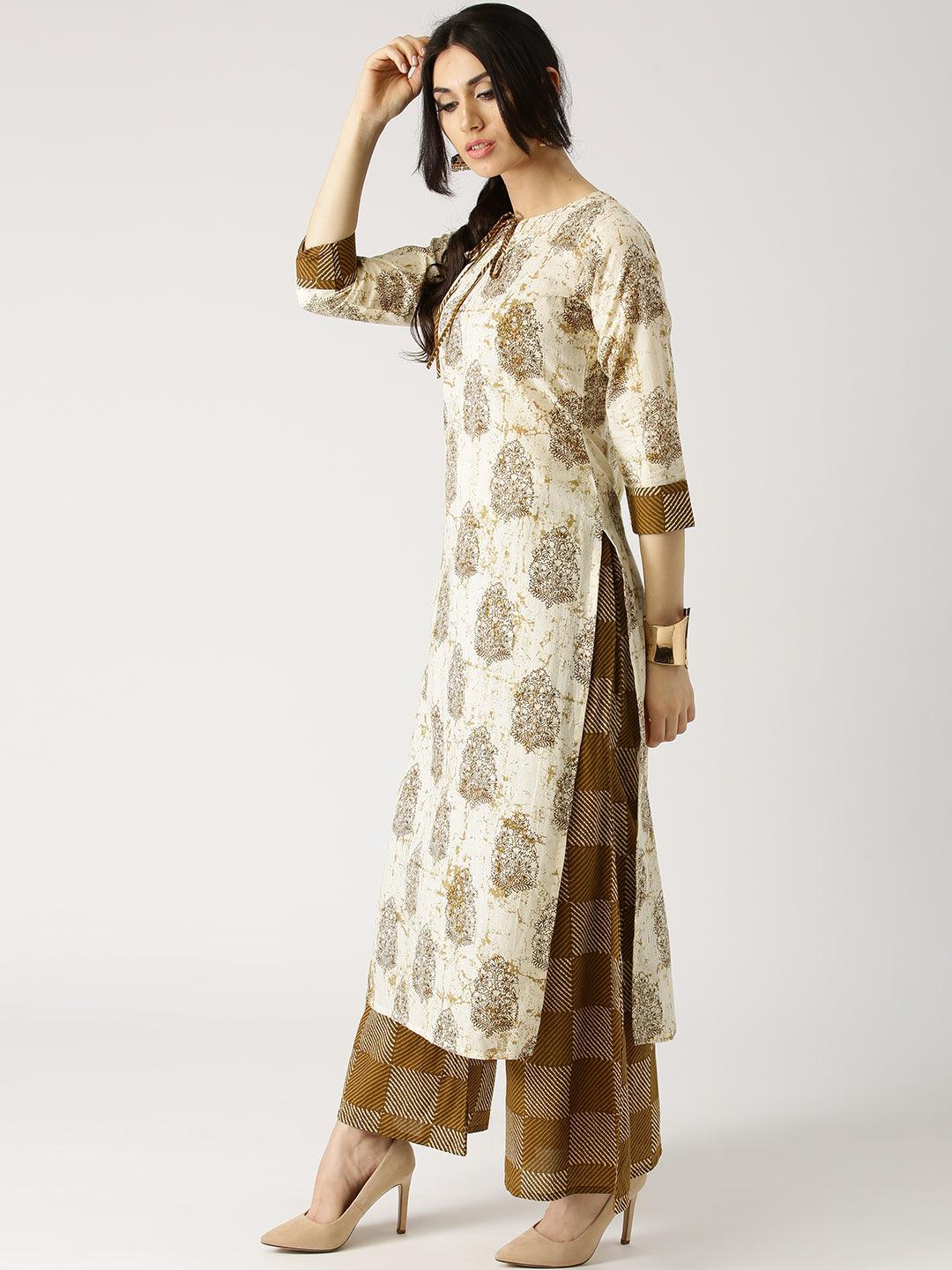 Beige Printed Cotton Kurta Set