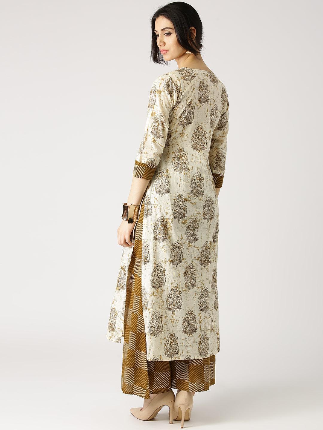 Beige Printed Cotton Kurta Set