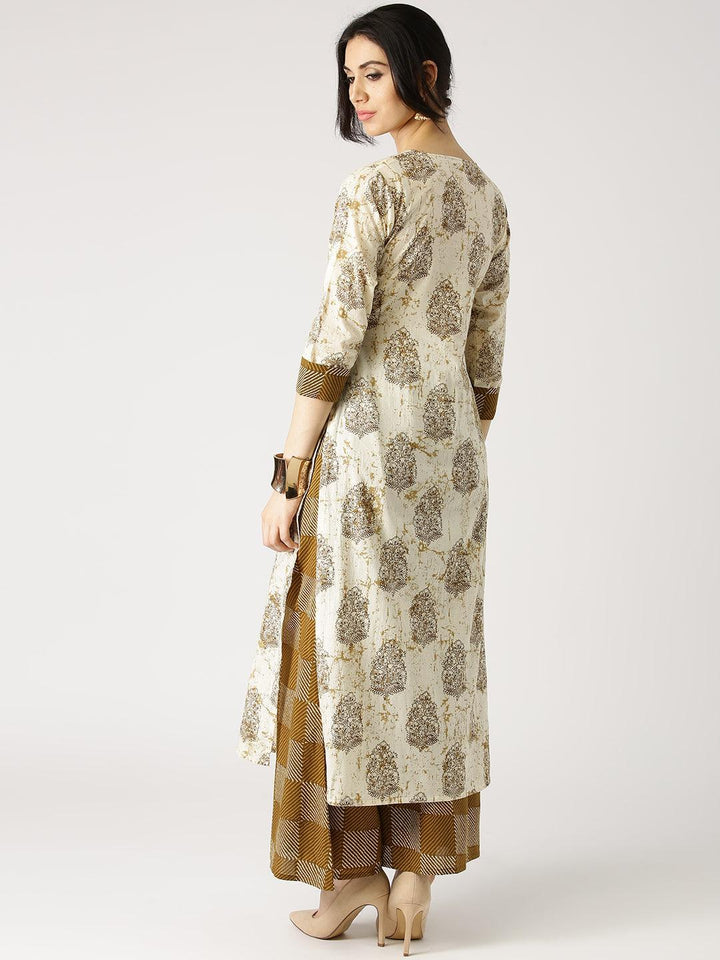 Beige Printed Cotton Kurta Set - ShopLibas