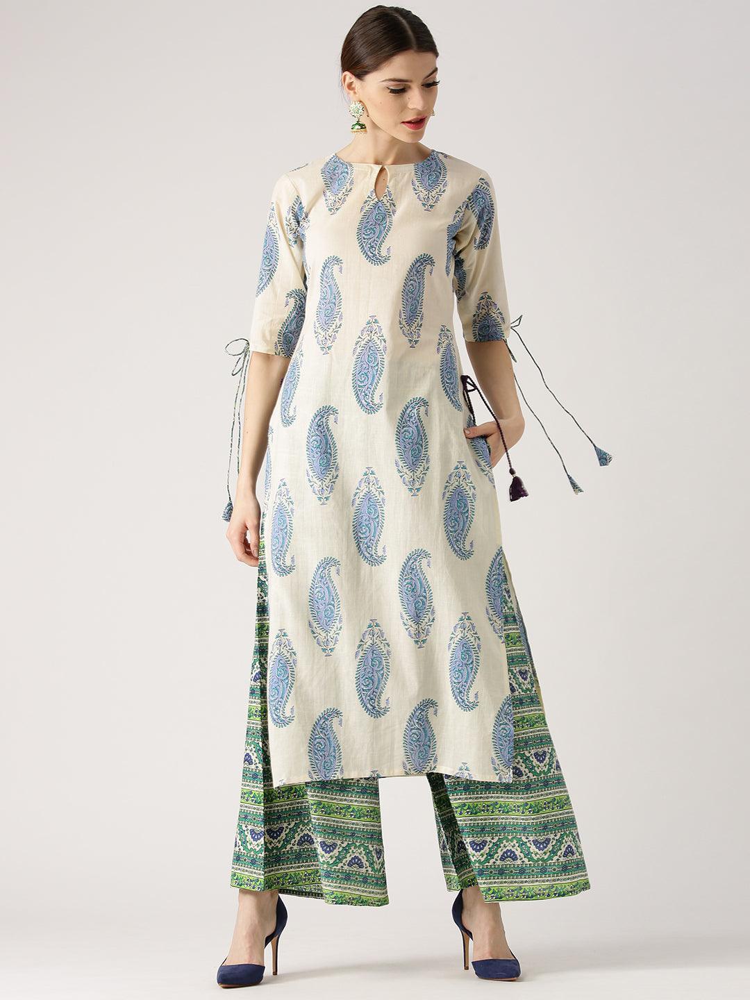 Blue Printed Cotton Kurta Set